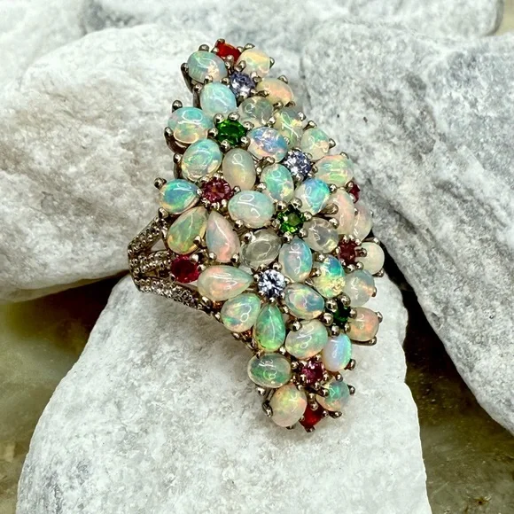 Premium Ethiopian Welo Opal & MultiGemstone 5.75 ctw Statement Ring Platinum/925 - Picture 8 of 17
